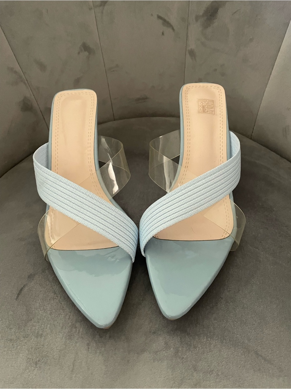 Light Blue Pointed Toe Women's Mules with Clear Strap